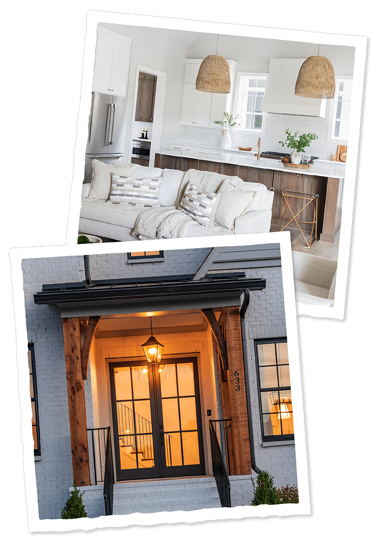 Two photos of a home by Legend Homes. One showing a kitchen and living area, one showing a front door.