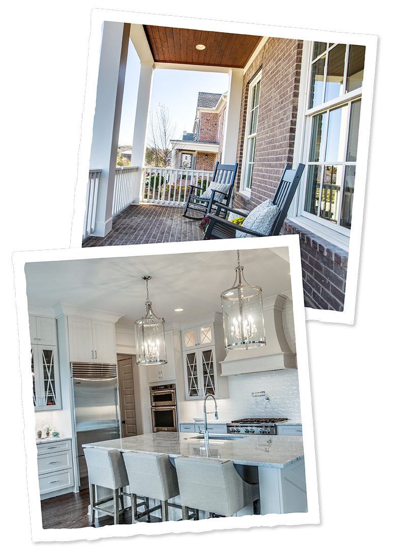 Images_AboutBuilderSipple-02 Two photos of a home by sipple homes. One showing a front porch with two chairs. One showing a kitchen.