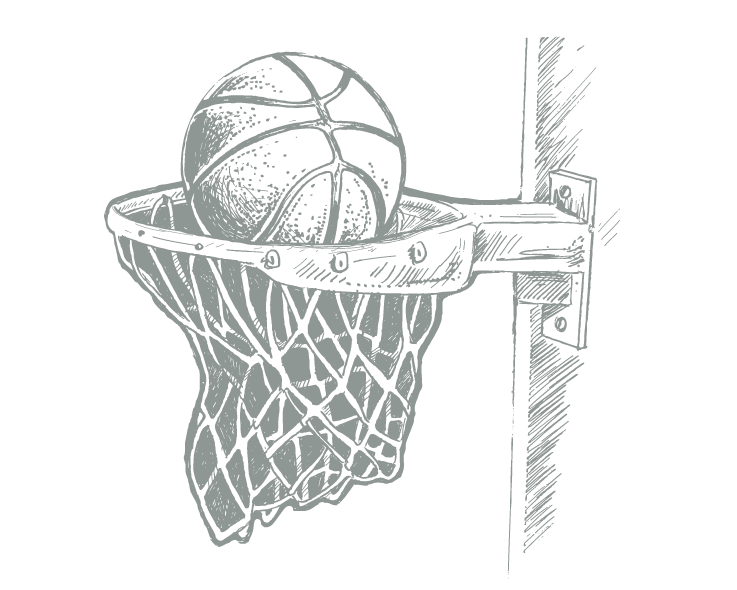A hand drawn graphic of a basketball and hoop