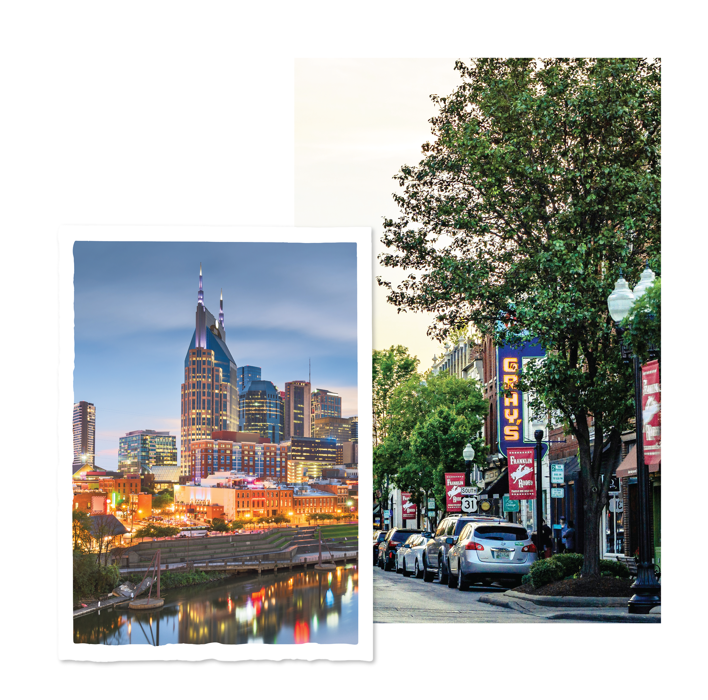 Images__Location-03 A collage of two images, one showing downtown nashville and one showing downtown franklin