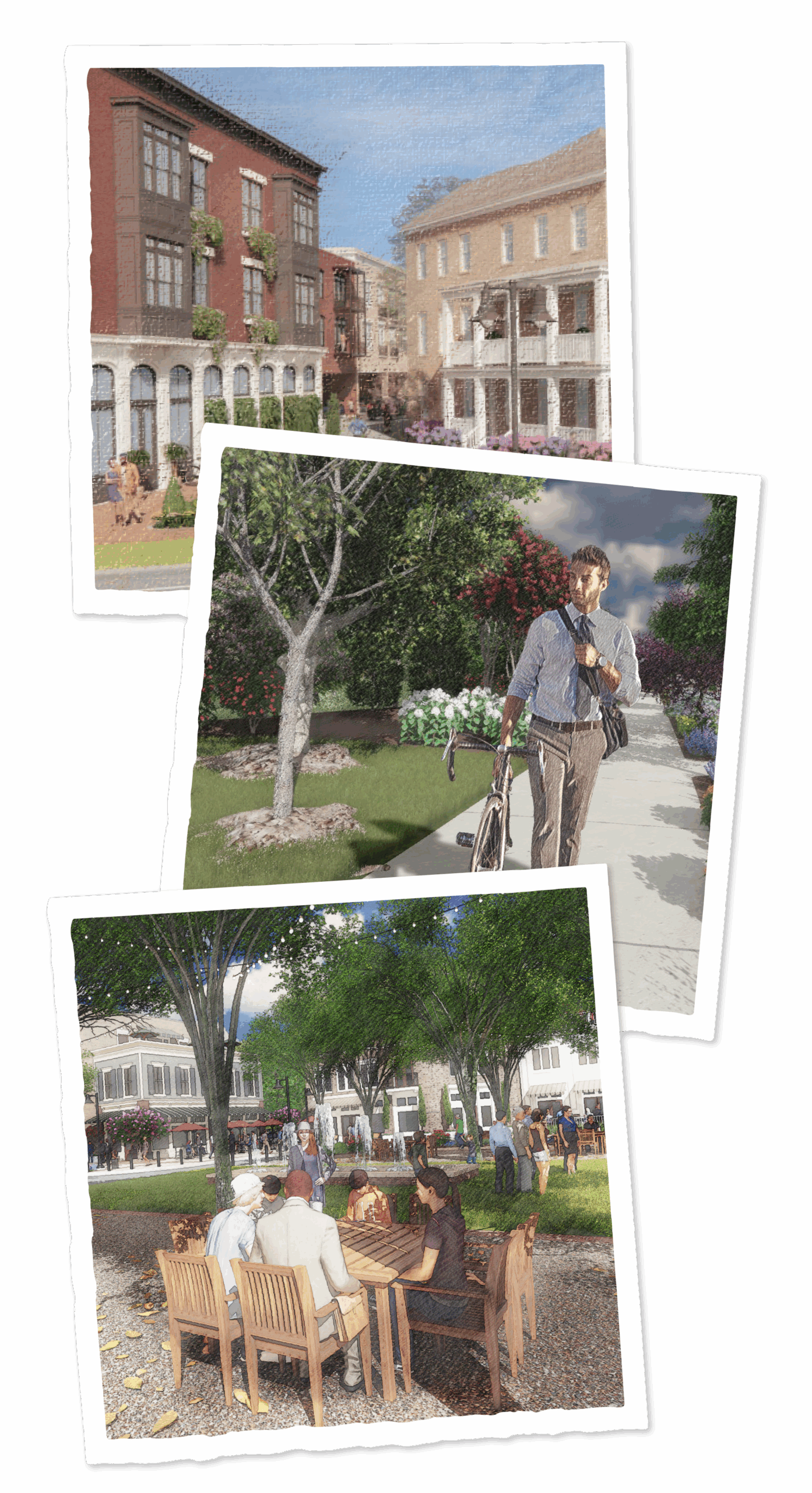 LivingDowntown_Images A collage of images, one showing concept art for downtown stephens valley, one showing a man walking with a bike, and one showing a pocket park in downtown stephens valley