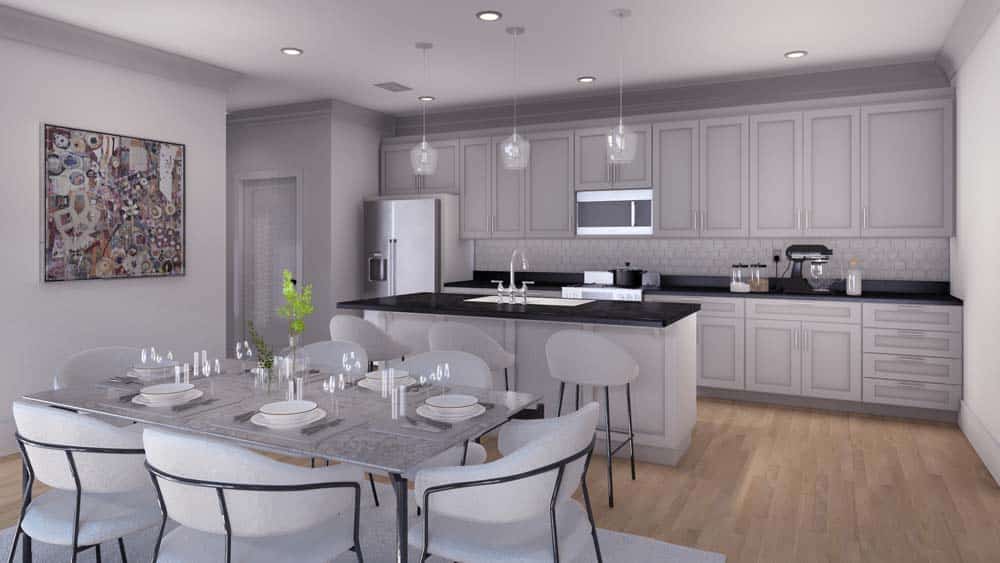 A gray tone kitchen and dining table in stephens valley west