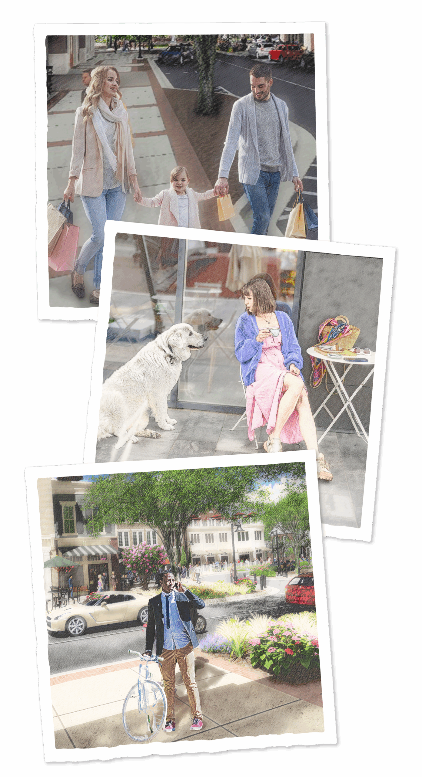 Retail&Commercial_Images A collage of three animated images, one showing a family of three walking down a sidewalk, one showing a girl and a dog, and one showing a man and his bike.