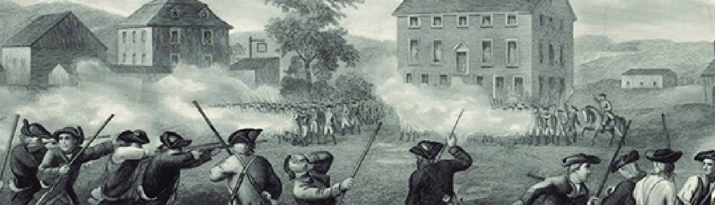 A painting depicting an american militia fighting british soldiers in the 1770s