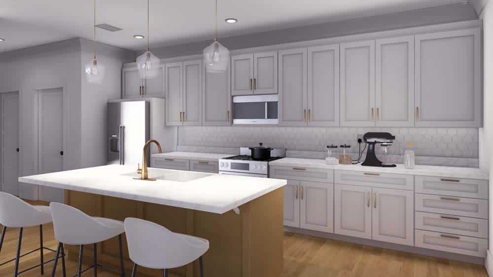 A kitchen island and kitchen with gray cabinets