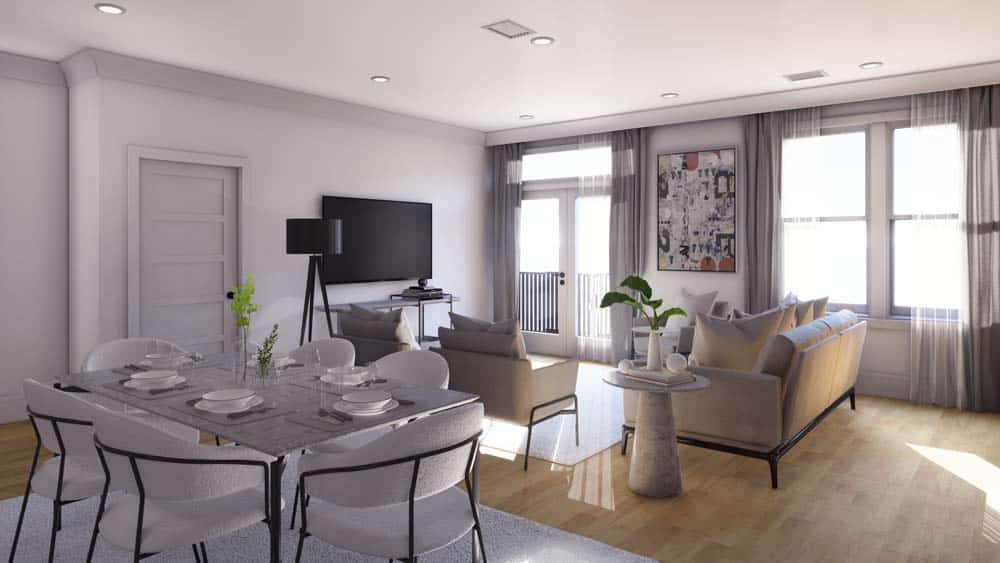 A dining table and living area in an apartment in stephens valley west