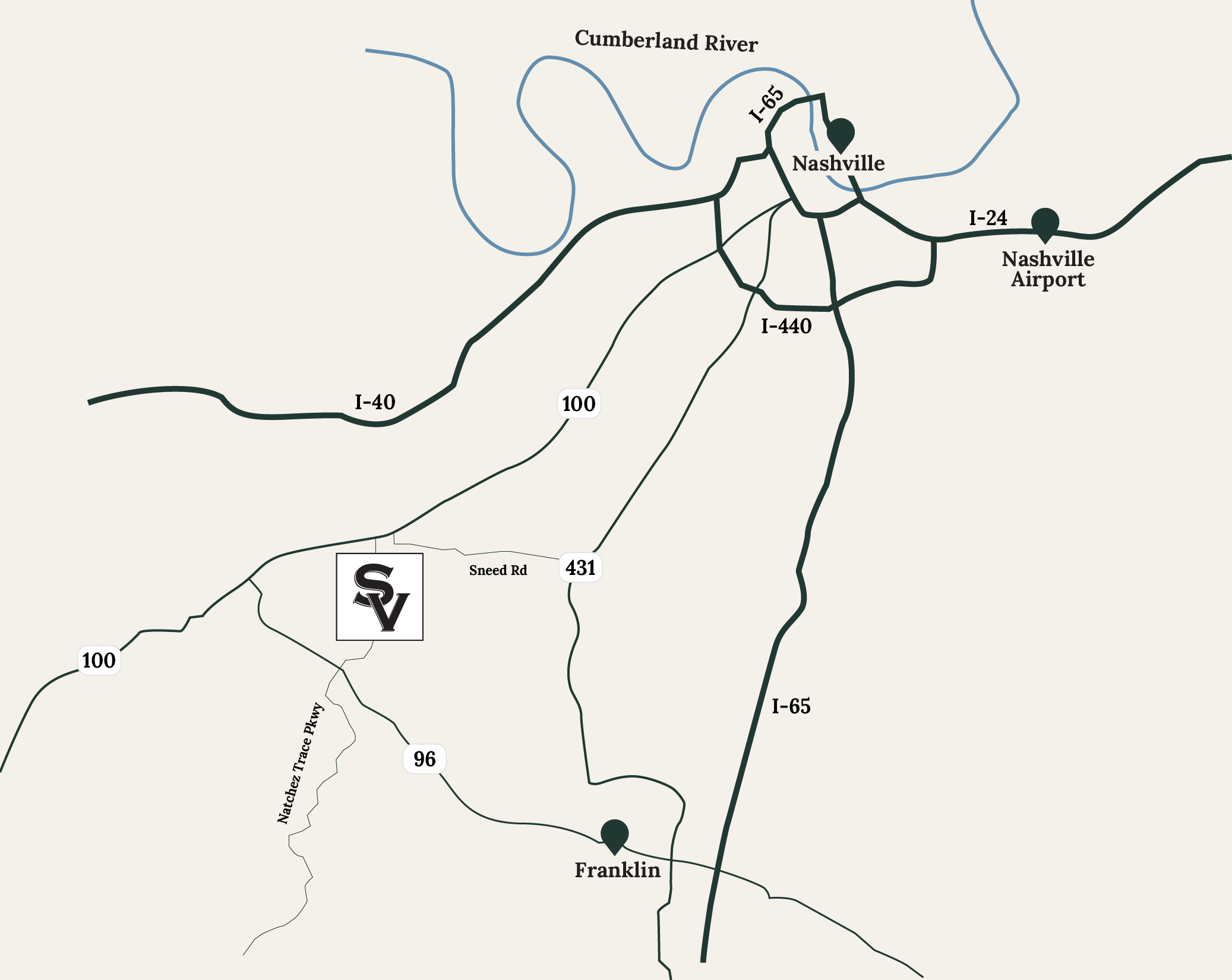 A map of middle tennessee, showing nashville, franklin, and stephens valley