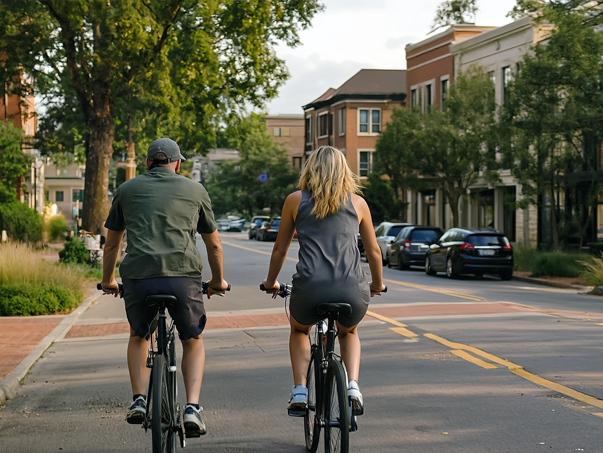 A man and a woman riding bikes on a road in stephens valley