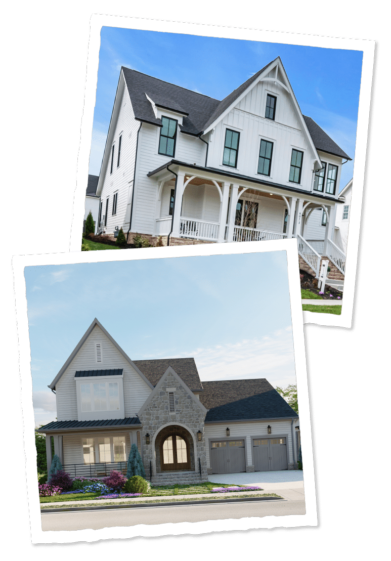 Celebration-Homes-Homes Two photos of a home by celebration homes. One showing a kitchen, and one showing a front door and porch.