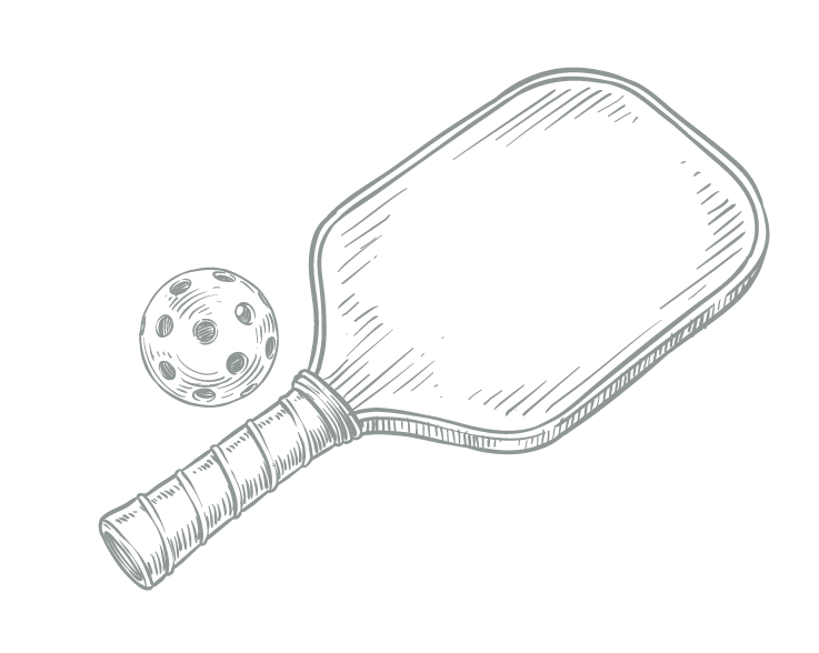 A hand drawn graphic of pickle ball racket and ball