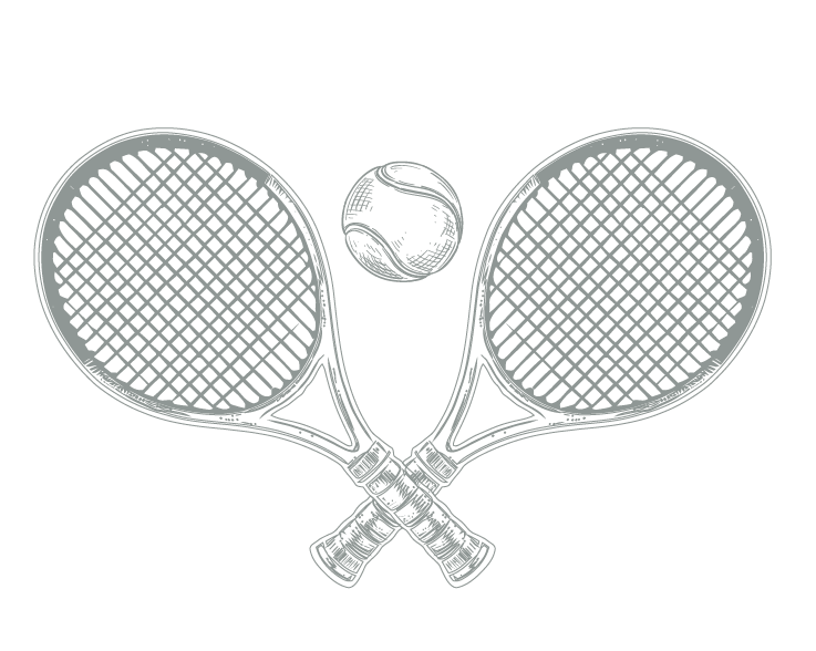 TennisBall A hand-drawn graphic of tennis rackets and a tennis ball