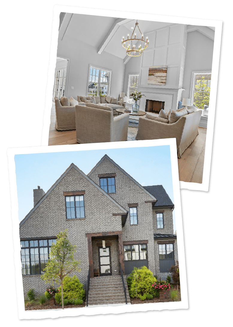 New Images_AboutBuilderSipple 2-02 Two photos of a home by sipple homes. One showing a front porch with two chairs. One showing a kitchen.